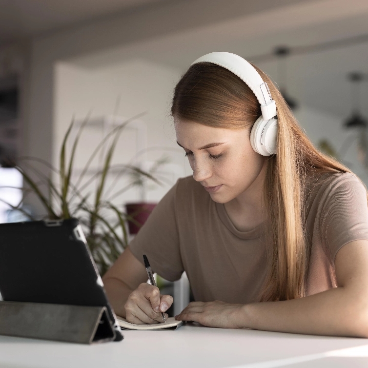 focused person wearing headphones and writing.